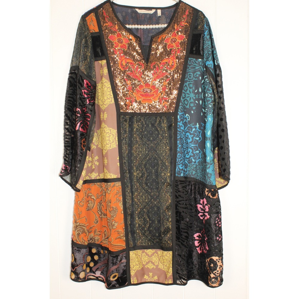 Soft Surroundings Adassa Tunic Top Sequin Velvet Patchwork Bohemian SZ Large - Picture 2 of 11
